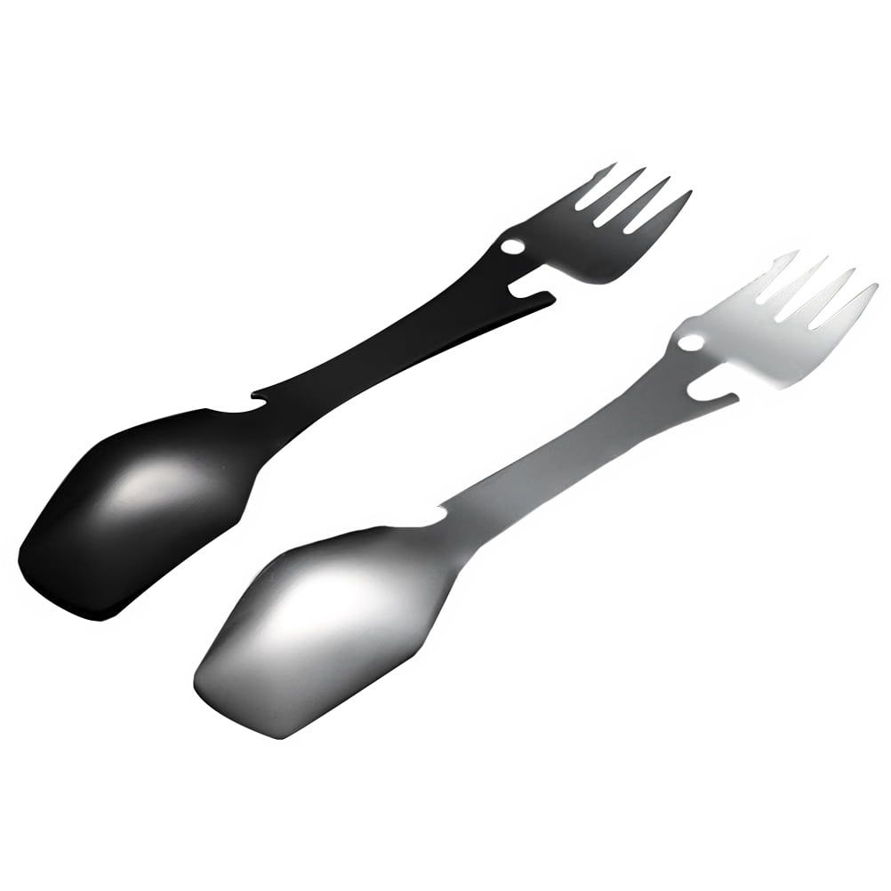 Stainless steel hiking utensil set with two pieces, suitable for outdoor play and camping, designed for kids by Everything Baby.
