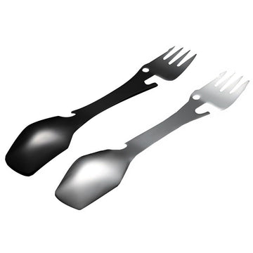 Stainless steel hiking utensil set with two pieces, suitable for outdoor play and camping, designed for kids by Everything Baby.