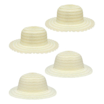 Four beige straw farmer hats for babies and kids, ideal for outdoor play, crafting, and summer party outings.