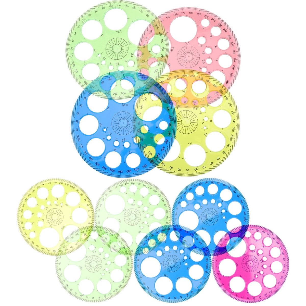 Set of 10 plastic protractors for students, circle measuring tools for kids outdoor play and educational activities.