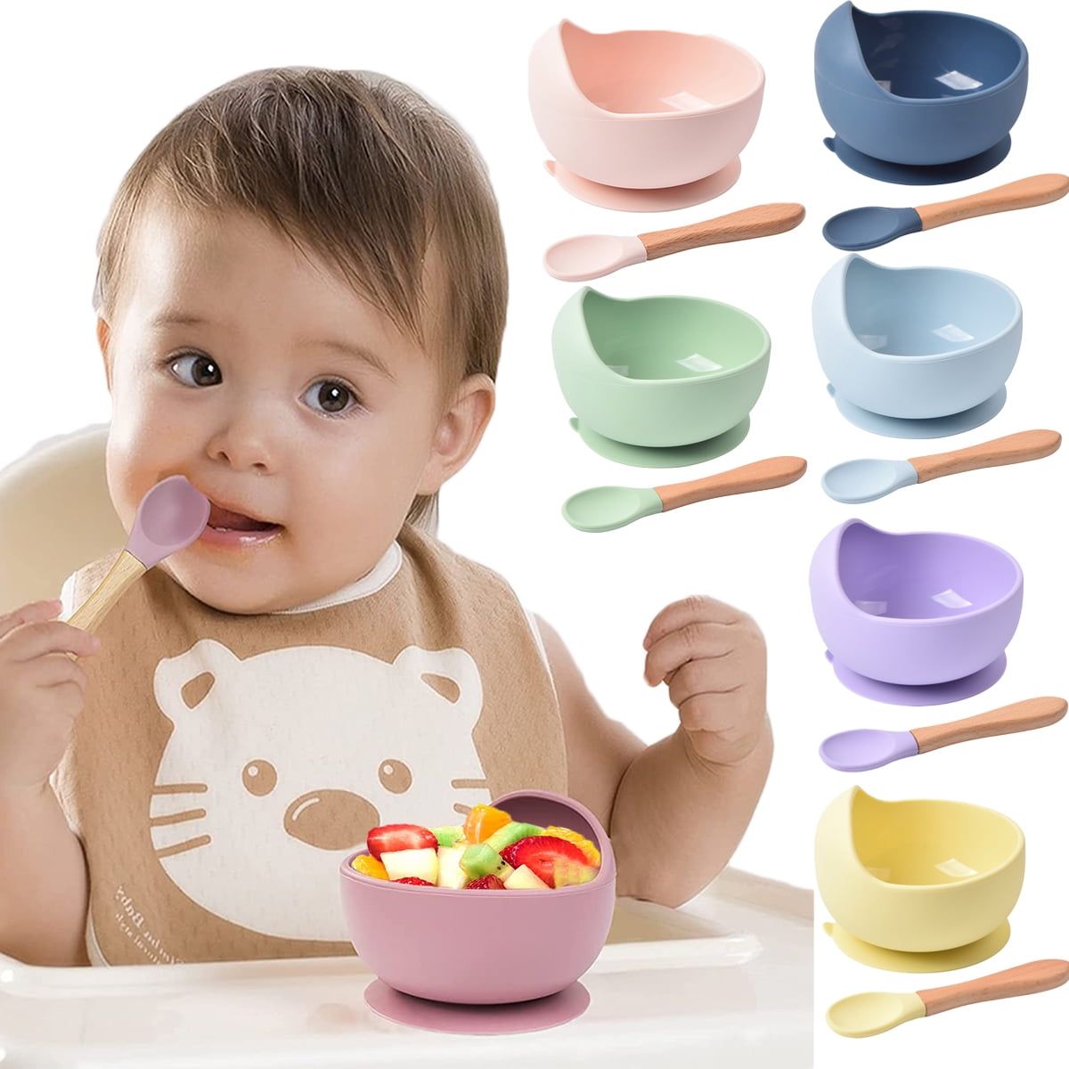 Silicone baby bowls with spoons from Everything Baby, BPA-free, suction base, ideal for toddler feeding and meal times.