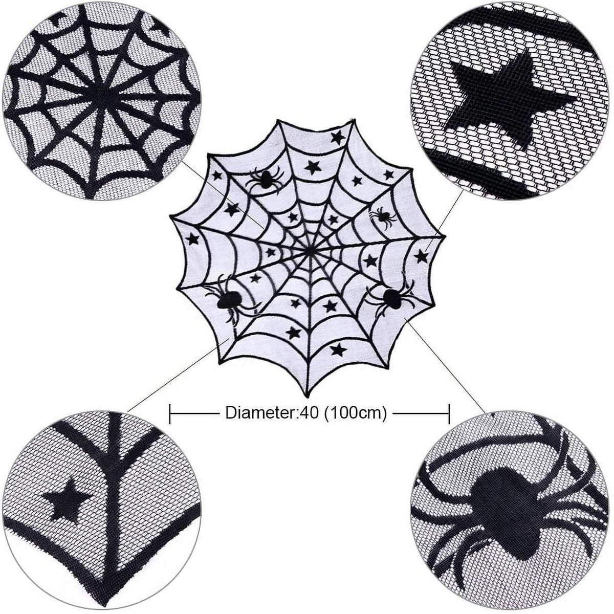 Black lace spider web Halloween tablecloth, 40-inch round, perfect for spooky table decorations and kids' Halloween parties.