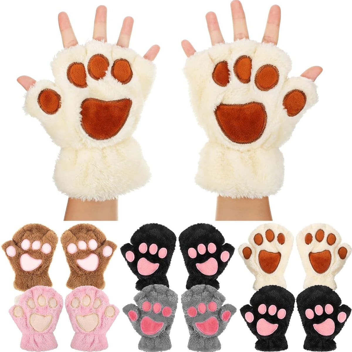 Girl's fingerless cat paw gloves in coffee color, cute winter accessory, part of baby and kid's toy collection, by Everything Baby