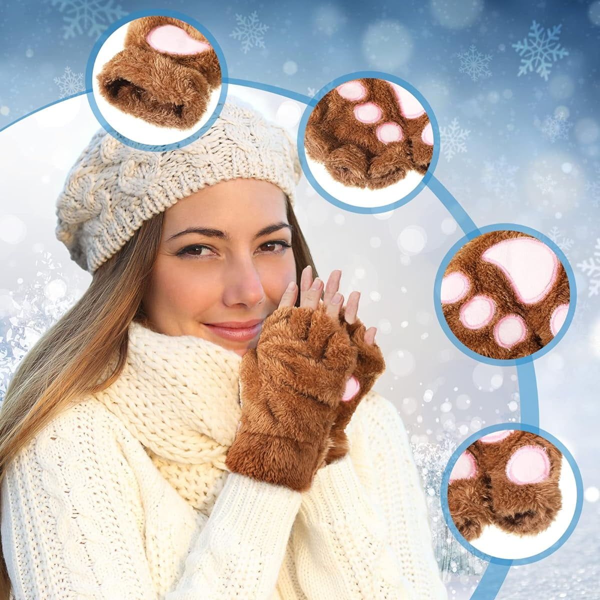 Girl's fingerless cat paw gloves in coffee color, cute winter accessory for kids from Everything Baby.