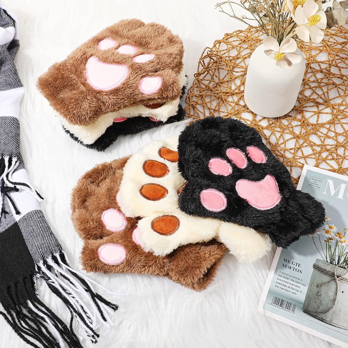 Girl's fingerless cat paw gloves in coffee color, cute winter accessory for kids, made by Everything Baby.