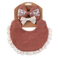 Organic cotton baby teething drool bib with colorful bow headband, soft breathable multi-layer feeding cloth for girls.