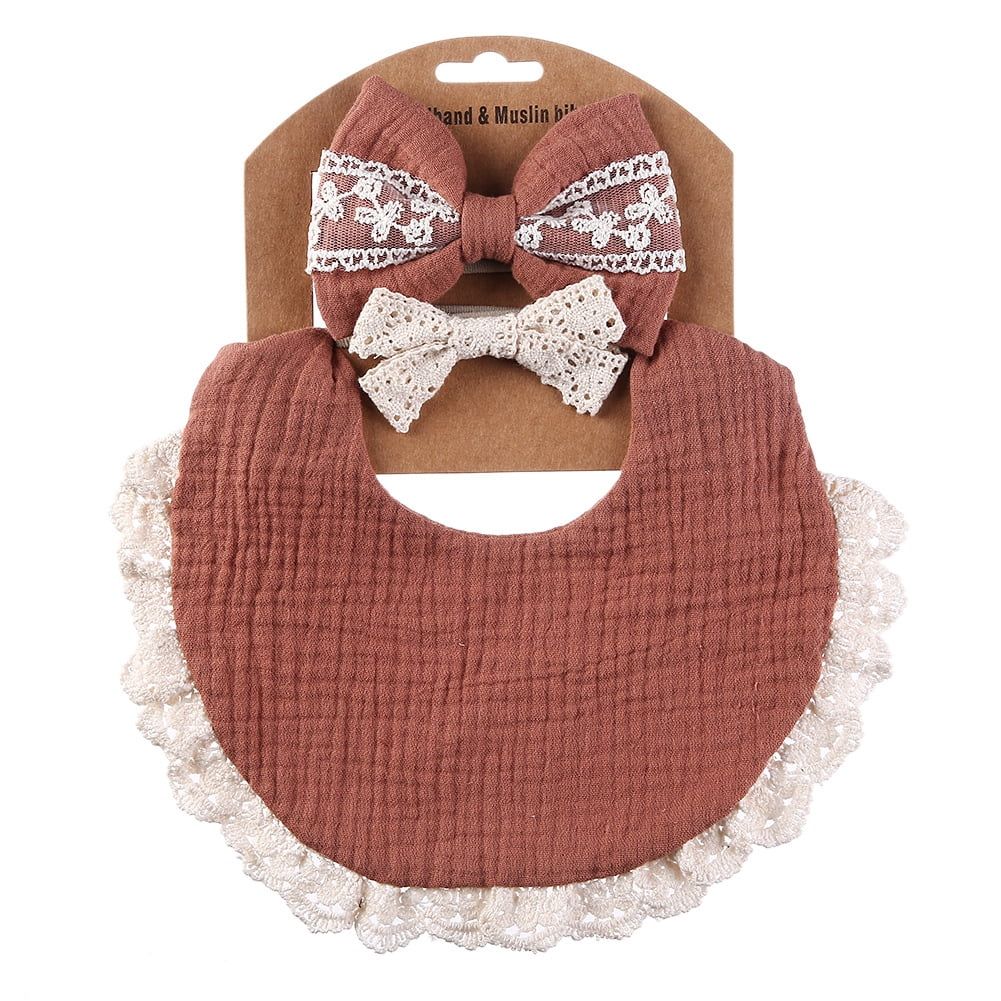 Organic cotton baby teething drool bib with colorful bow headband, soft breathable multi-layer feeding cloth for girls.