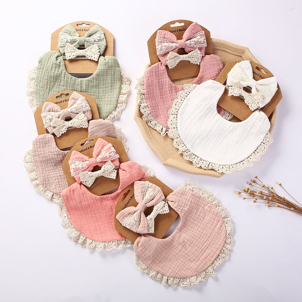 Organic cotton baby teething drool bib with colorful bow headband for girls, soft, breathable, multi-layer feeding cloth by Everything Baby.