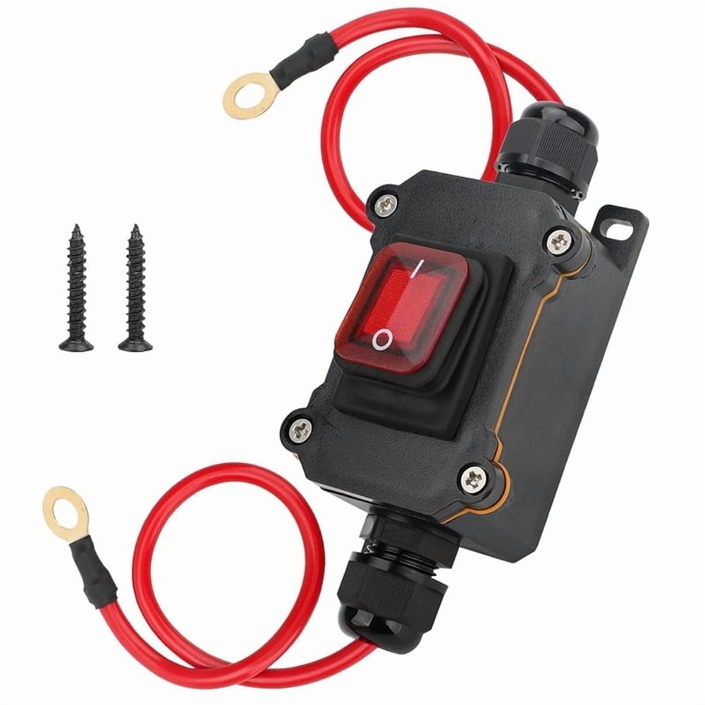Waterproof DC12-24V inline cord switch with red light, 10 AWG cable, for ride-on cars, go-karts, and outdoor kids' ride-on vehicles.