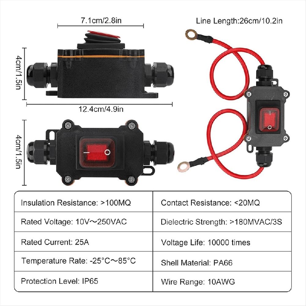 Waterproof DC12-24V inline toggle switch with red light, 10 AWG cable for ride-on cars, outdoor use, by Everything Baby.
