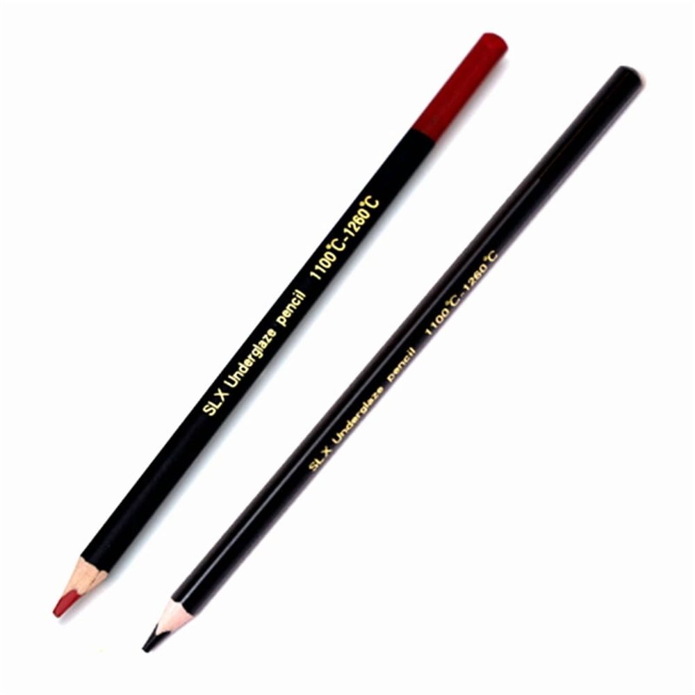 Two underglaze ceramic glaze pencils in black and vermilion for pottery decorating and ceramic art projects.