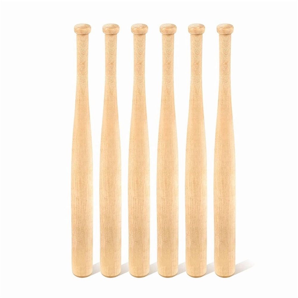 Six unfinished small wooden baseball bats for DIY craft projects, suitable for painting and keychain making, ideal for kids' art activities.