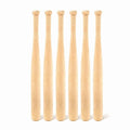 Six unfinished small wooden baseball bats for DIY craft projects, suitable for painting and keychain making, ideal for kids' art activities.
