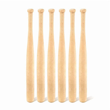 Six unfinished small wooden baseball bats for DIY craft projects, suitable for painting and keychain making, ideal for kids' art activities.