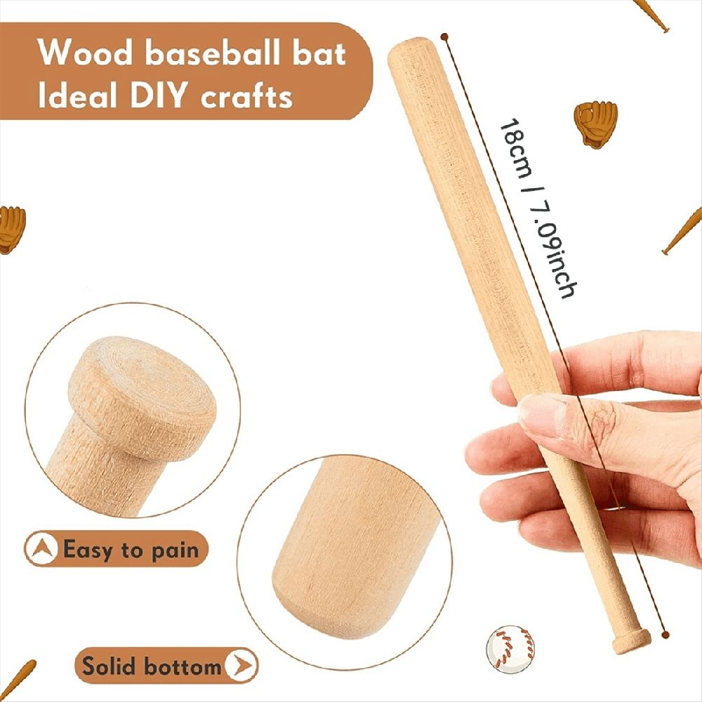 Six unfinished small wooden baseball bats for DIY craft projects, ideal for painting and keychain making, suitable for kids and arts.