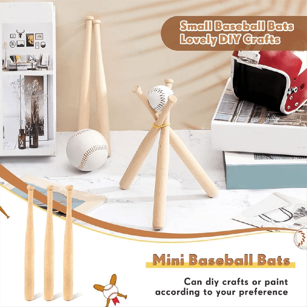 Six unfinished small wooden baseball bats for DIY crafts, suitable for painting, keychains, and kids' art projects.