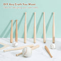 Six unfinished mini wooden baseball bats for kids' art and craft projects, ideal for painting, keychains, and DIY creative activities.