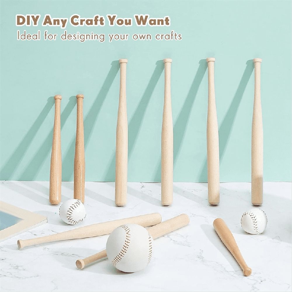 Six unfinished mini wooden baseball bats for kids' art and craft projects, ideal for painting, keychains, and DIY creative activities.