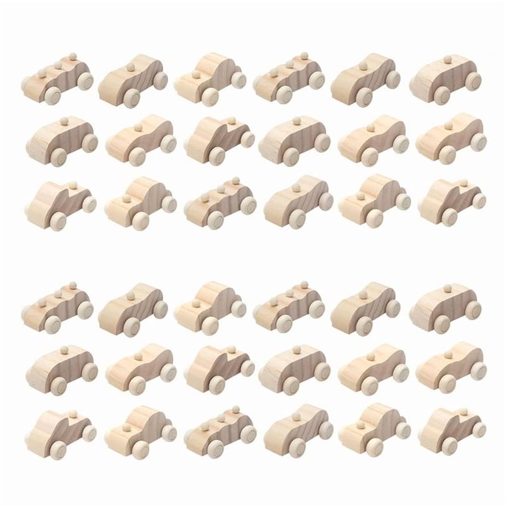 Set of 36 unfinished wooden toy cars for kids to paint and customize, perfect for DIY craft projects and family activities.