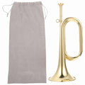 Golden brass trumpet bugle for kids with mouthpiece and storage cloth bag, ideal beginner wind instrument for school band.