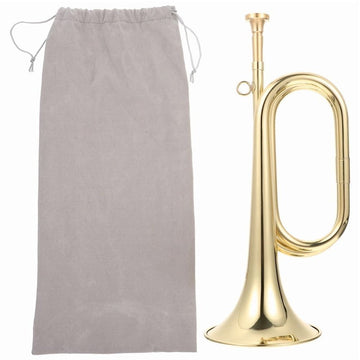 Golden brass trumpet bugle for kids with mouthpiece and storage cloth bag, ideal beginner wind instrument for school band.