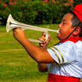 Golden brass trumpet bugle for beginners, includes mouthpiece and cloth bag, ideal for children and school band music practice.