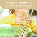Golden brass small trumpet bugle for kids with mouthpiece and storage bag, ideal beginner wind instrument for school band.
