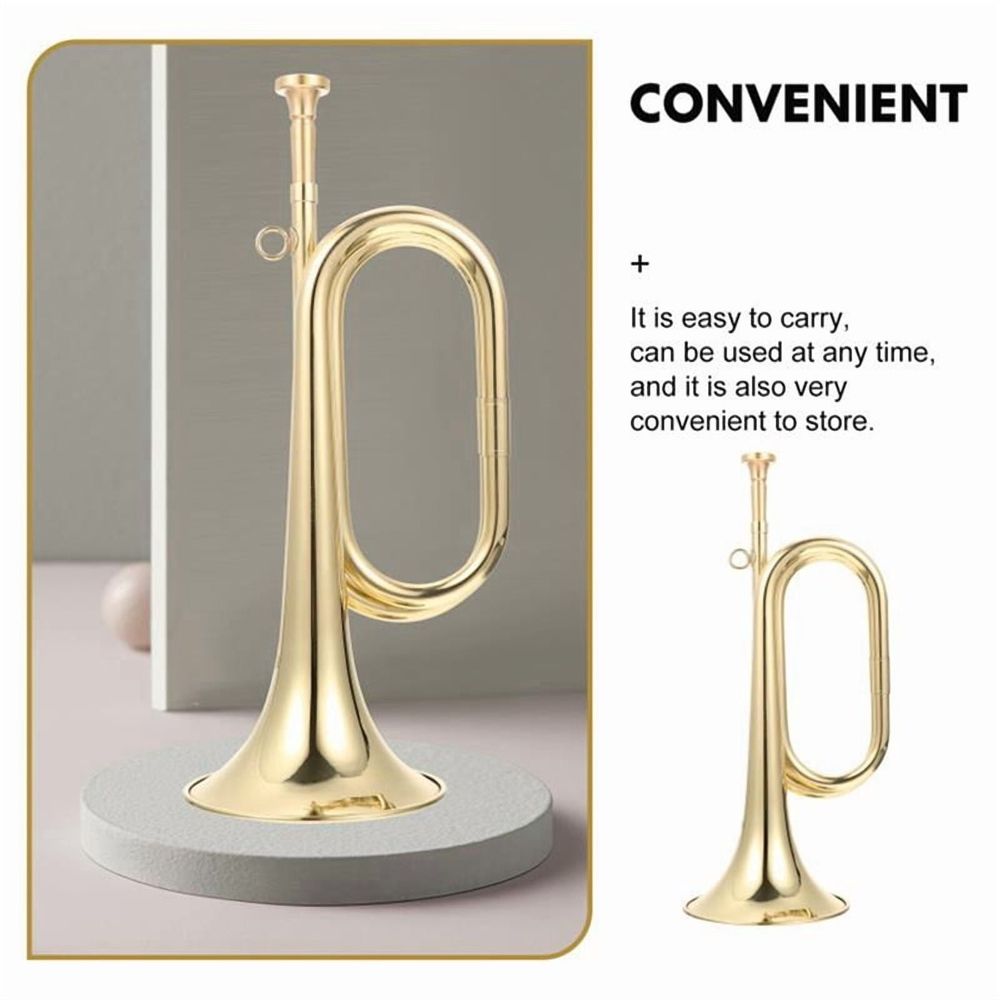 Golden brass trumpet bugle for children, includes mouthpiece and cloth bag, perfect for school band and beginner wind instrument.