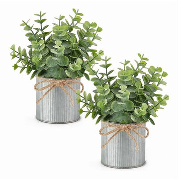 Two packs of small faux eucalyptus plants in galvanized pots, ideal as farmhouse-style pretend play decorations for kids' toy setups.