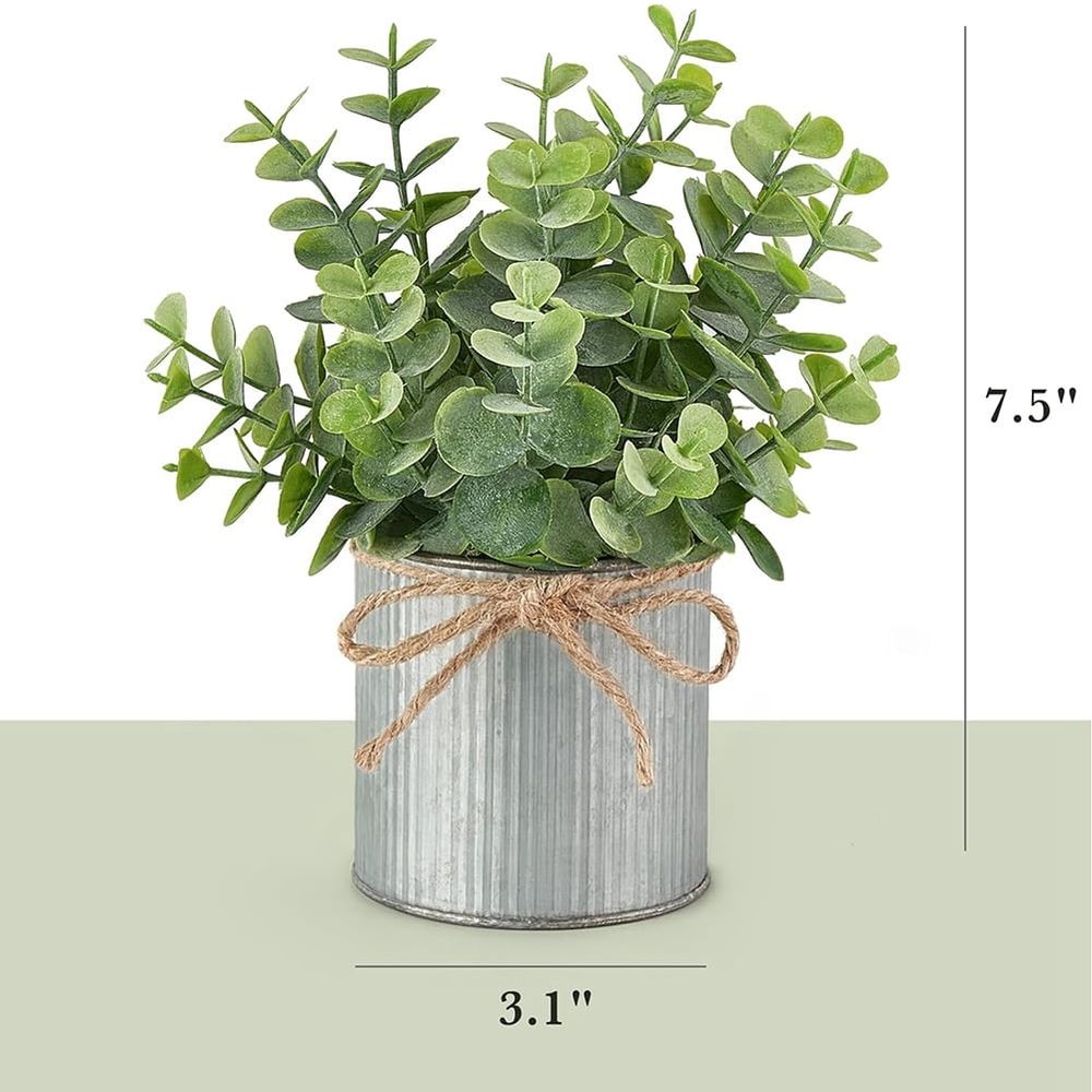 Two packs of small faux eucalyptus plants in farmhouse galvanized metal pots, ideal for pretend play and table centerpieces.