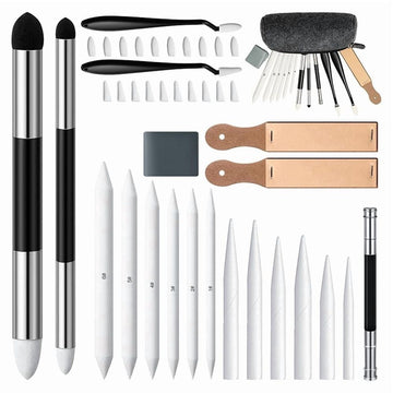 Set of 40 sketch drawing tools including blending stumps, erasers, sandpaper, pencil sharpener, and extension tools for kids' art.
