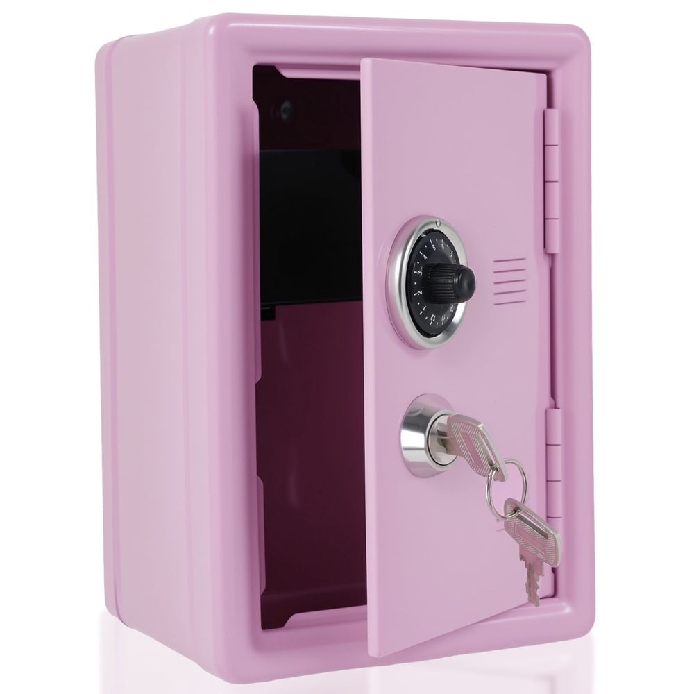 Mini pink metal lock safe box for kids by Everything Baby, featuring a secure lock, ideal for storing cash, jewelry, and small valuables.