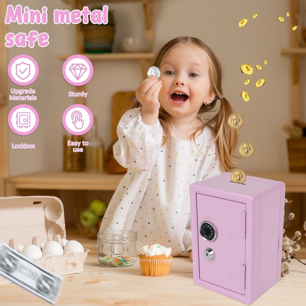 Small pink metal lock safe box for kids, mini money and jewelry storage case with key from Everything Baby.