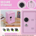 Mini pink metal lock safe box for kids, used for storing money, jewelry, and valuables, with a secure lock for home safety.