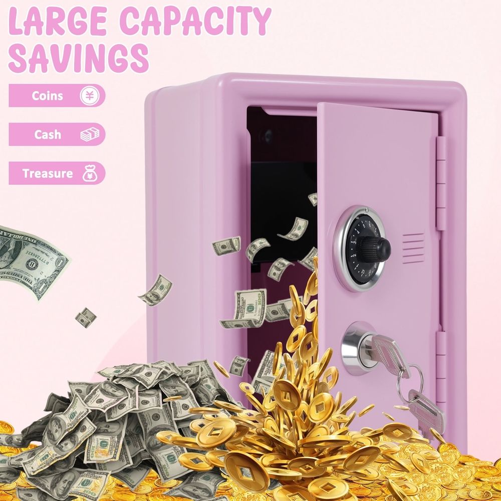Pink mini metal lock safe box for kids, includes a key, ideal for storing cash, jewelry, and small valuables at home.