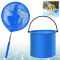 Stainless steel telescopic fishing net with folding bucket, suitable for kids' outdoor water play at the beach or pool.