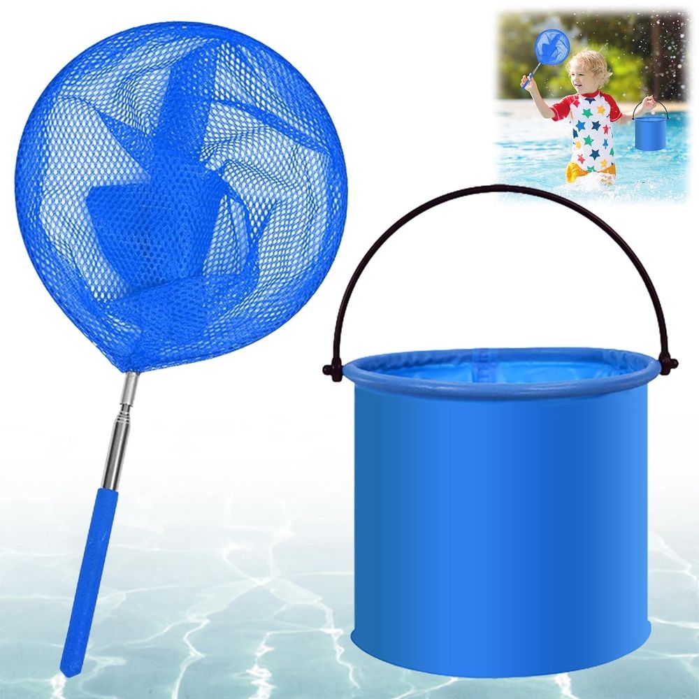 Stainless steel telescopic fishing net with folding bucket, suitable for kids' outdoor water play at the beach or pool.