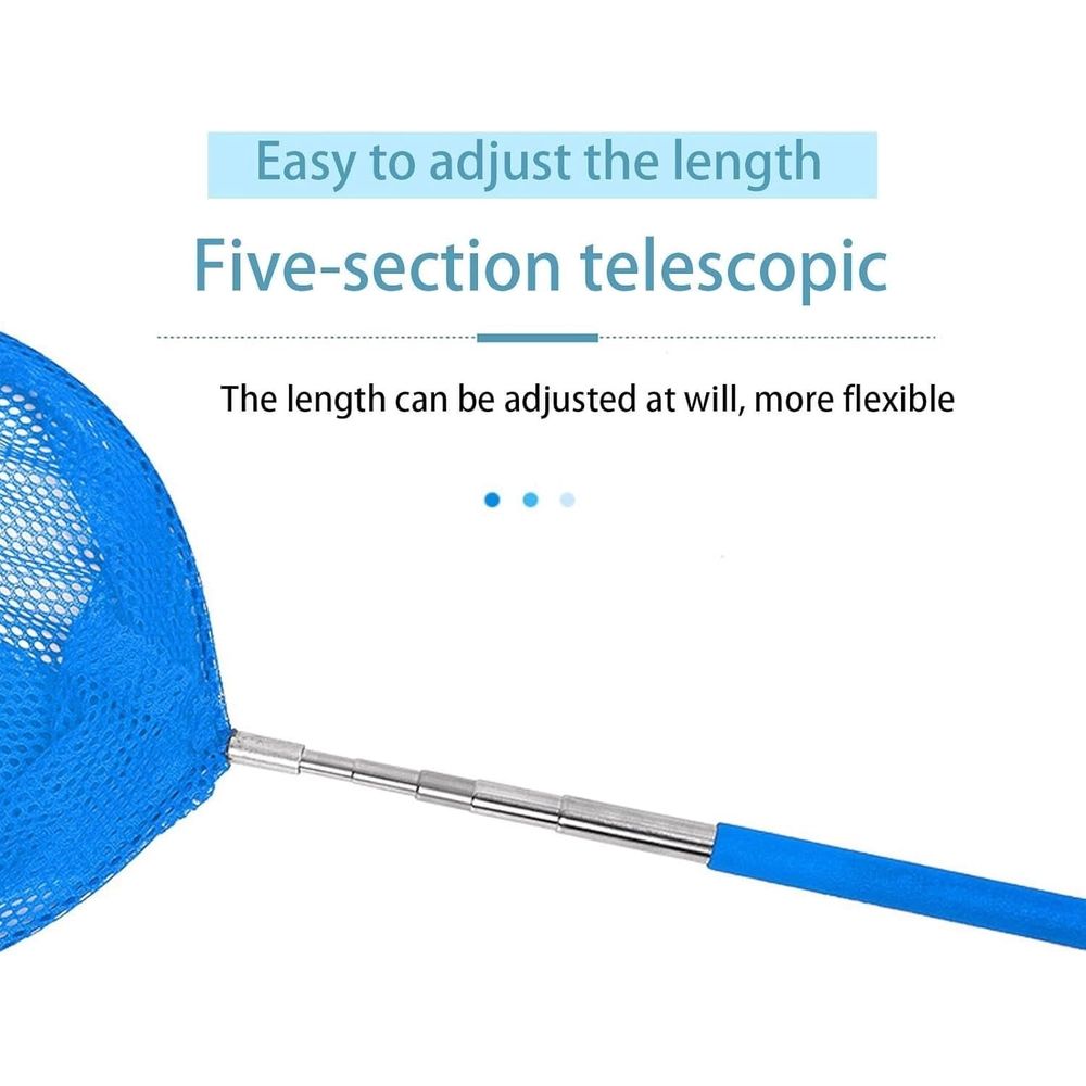 Stainless steel telescopic fishing net with folding bucket, suitable for kids' outdoor water play and beach activities.