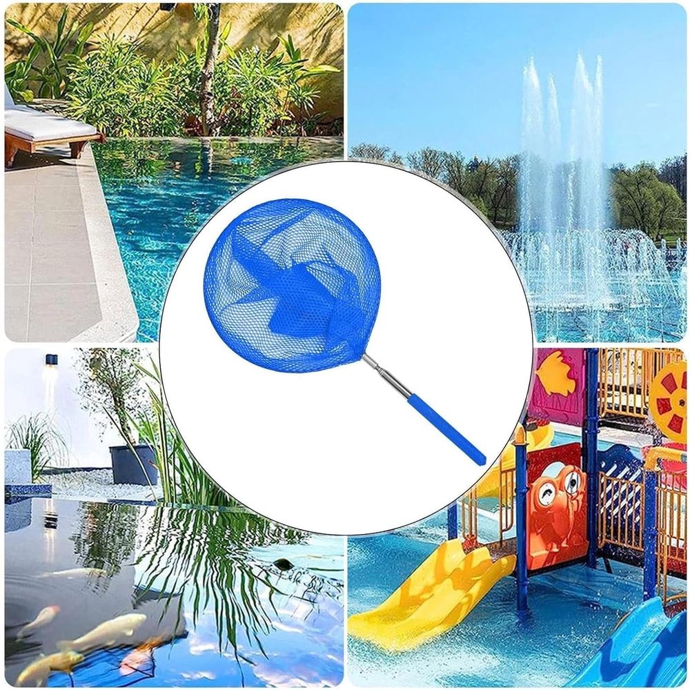 Stainless steel telescopic fishing net with folding bucket, outdoor water toy for kids, suitable for beach and pool play.