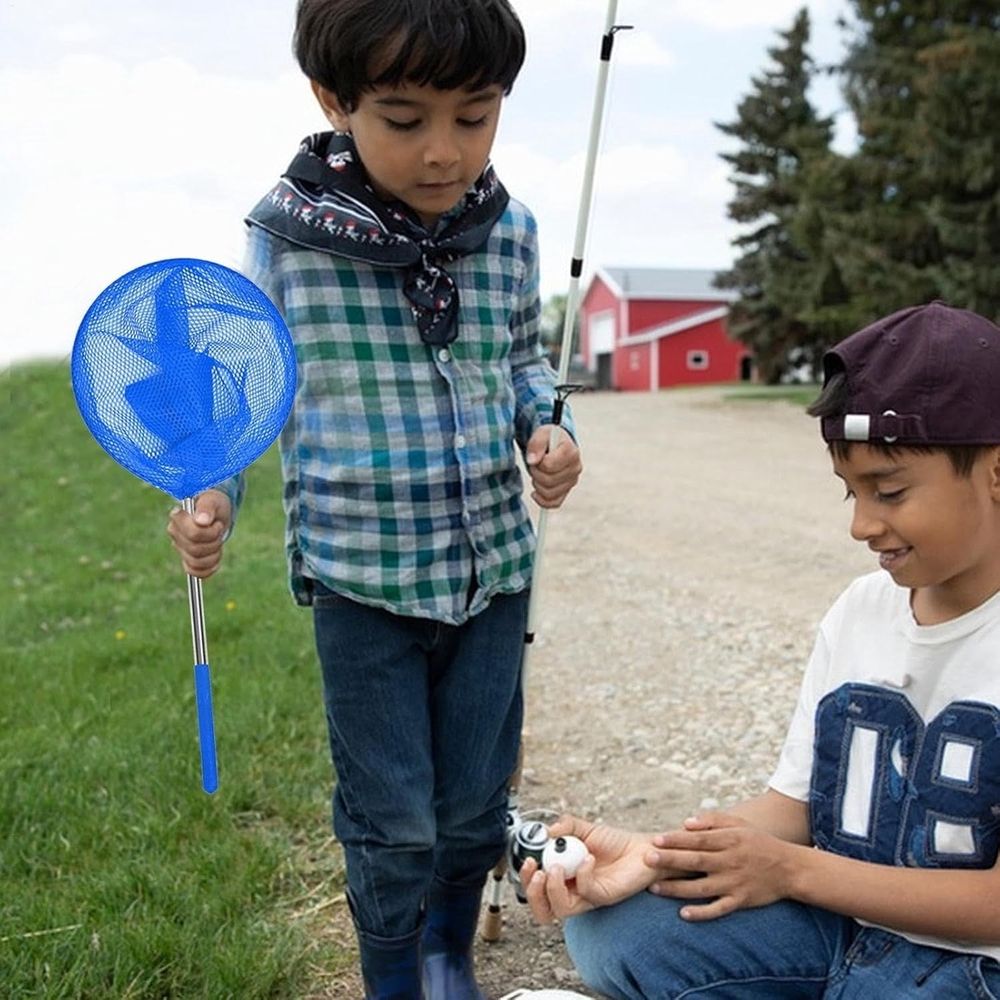 Stainless steel telescopic fishing net with folding bucket for kids, outdoor water play toy for summer beach and pool fun.