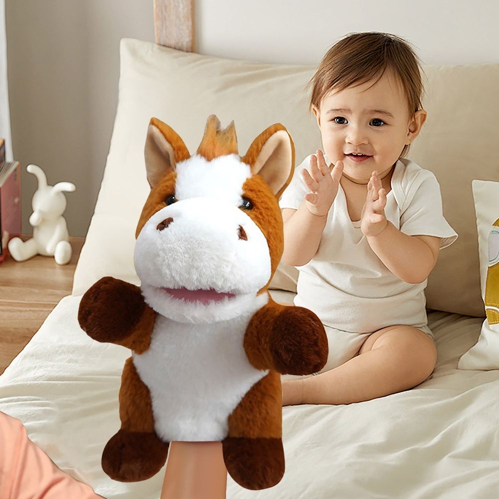 Colorful hand puppets from Everything Baby with movable mouths, ideal for toddler and kid pretend play and storytelling.