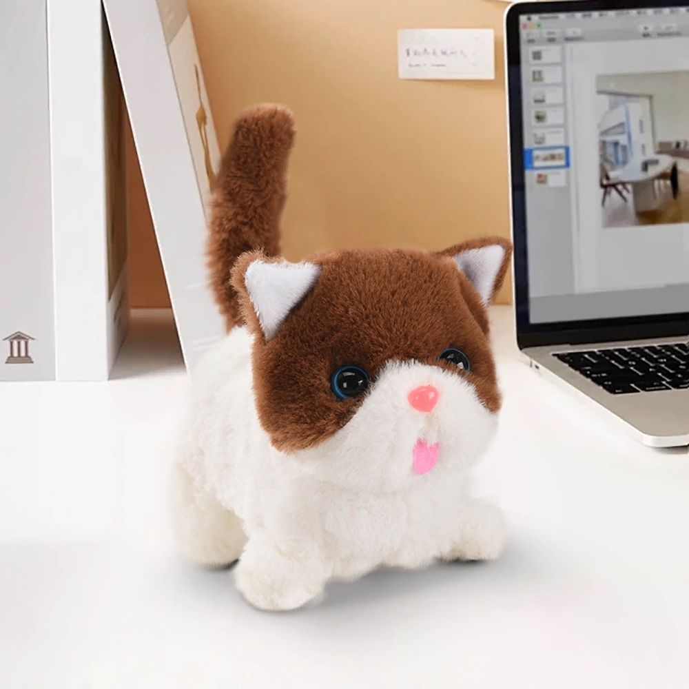 Brown plush electric kitten toy for kids, interactive walking stuffed animal, ideal for pretend play and cuddling.