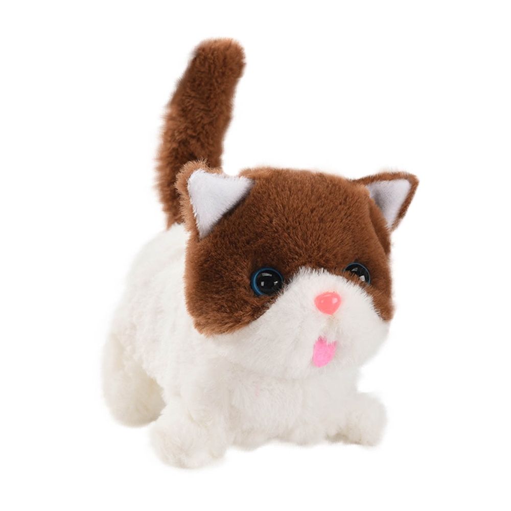 Brown electric plush kitten toy for kids, interactive walking stuffed animal, perfect for pretend play and imaginative fun.