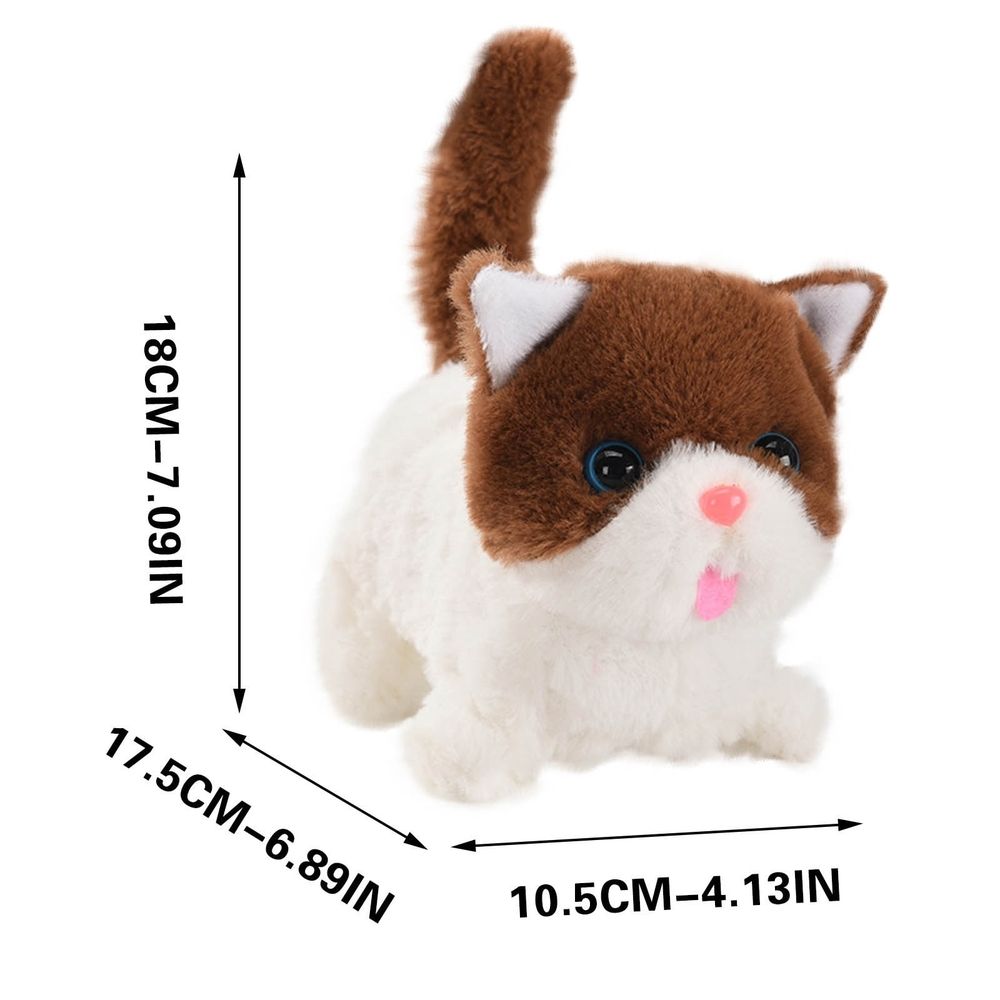 Brown electric plush kitten toy for kids, interactive walking stuffed animal, perfect for pretend play and imaginative fun.