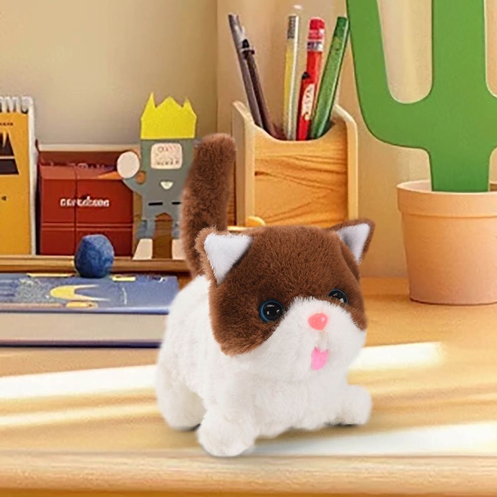 Brown plush electric kitten toy from Everything Baby, interactive stuffed animal for kids with walking feature, perfect for pretend play.