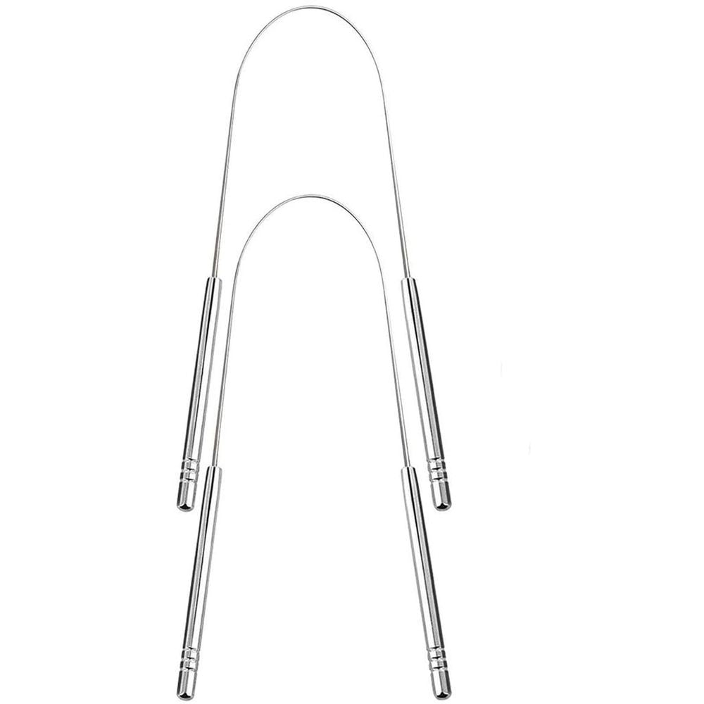Two surgical grade stainless steel tongue cleaners for kids, designed to remove halitosis and promote oral hygiene.