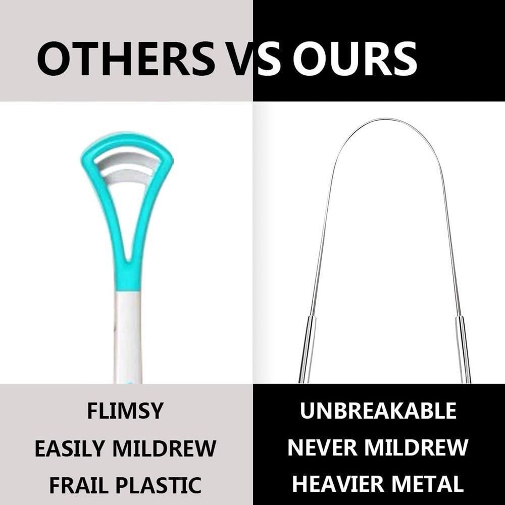 Two surgical grade stainless steel tongue cleaners for kids, designed to remove halitosis and promote oral hygiene.
