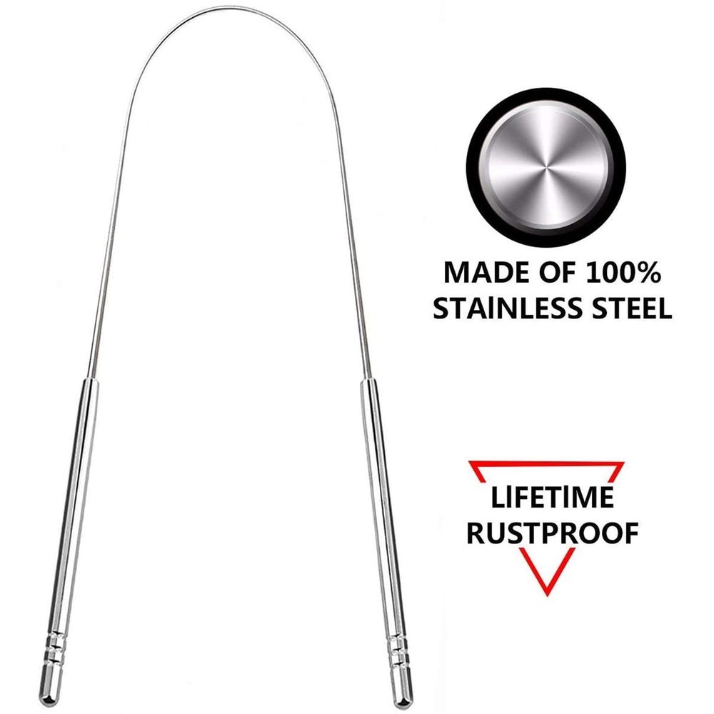 Two stainless steel tongue cleaners for kids and babies, designed to remove halitosis and promote oral hygiene.