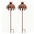 Set of three rustic metal coneflower garden stakes in bronze, weather-resistant yard art for lawn pathways and patio decor