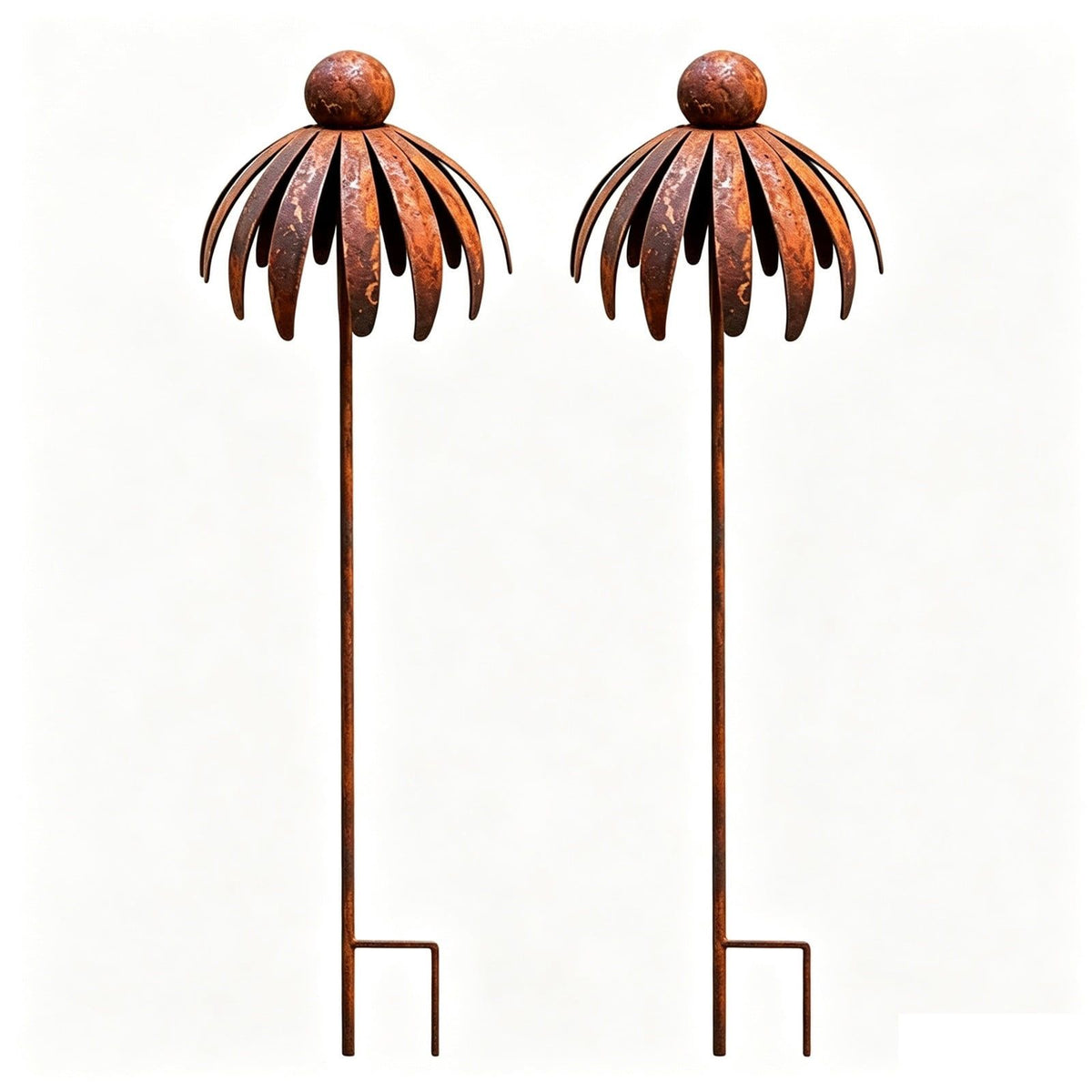 Set of three rustic metal coneflower garden stakes in bronze, weather-resistant yard art for lawn pathways and patio decor